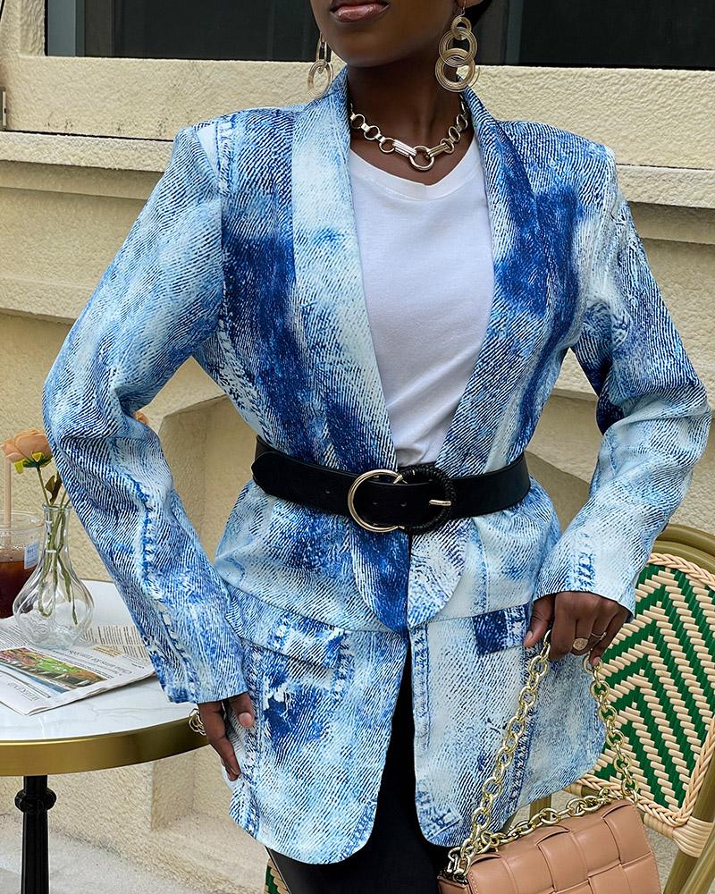 

Denim Print Pocket Design Blazer Coat, Blue