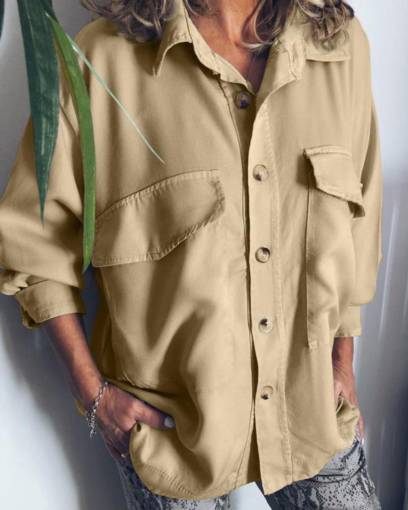 

Solid Long Sleeve Buttoned Casual Shirt, Khaki