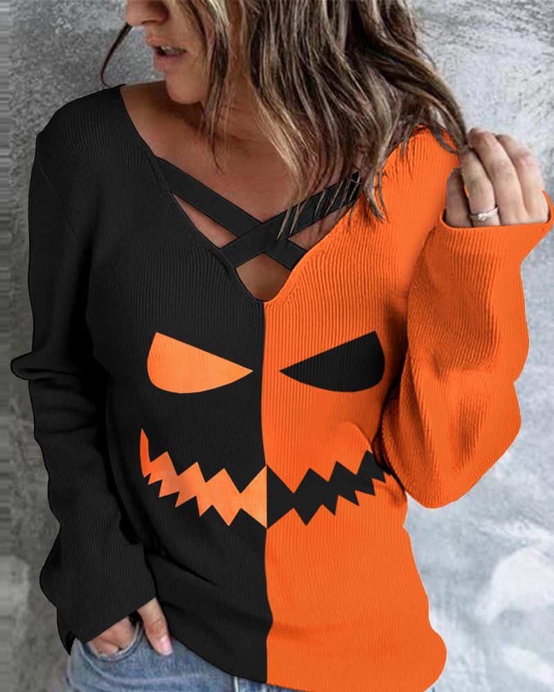 

Halloween Graphic Print Colorblock Long Sleeve Top, Orange