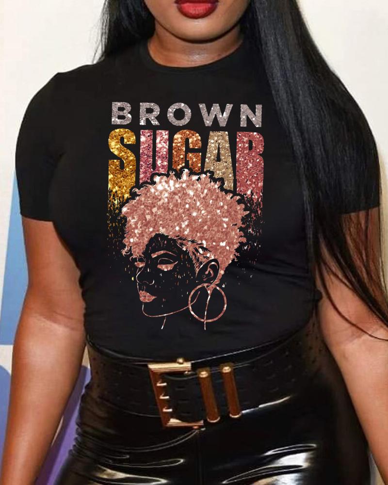 

Plus Size Brown Sugar Afro Queen Print Casual T-shirt, Black