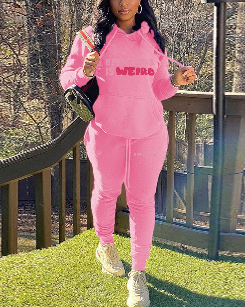 

Letter Print Long Sleeve Drawstring Hoodie & Pants Set, Pink