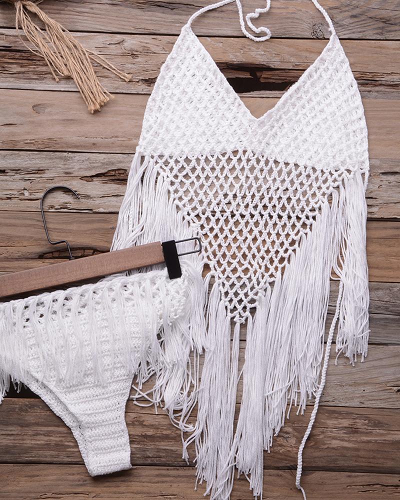 

Halter Hollow Out Tassel Design Bikini Set, White
