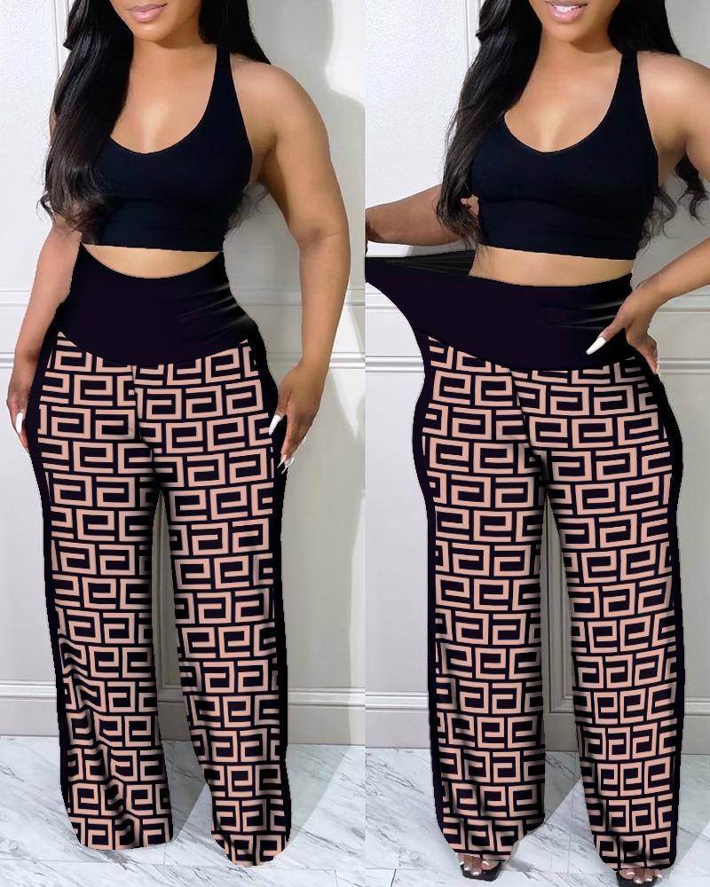 

Crop Tank Top & Geo Print High Waist Pants Set, Black