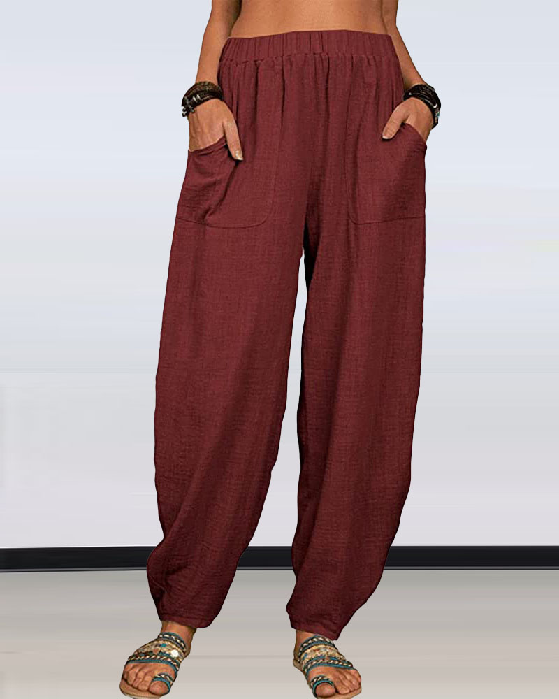 

Pocket Detail Elastic Waist Casual Pants, Red
