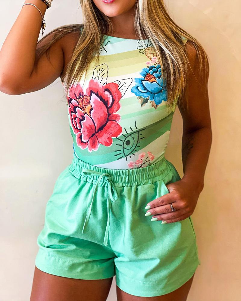 

Floral Print Backless Bodysuit & Drawstring Shorts Set, Multicolor