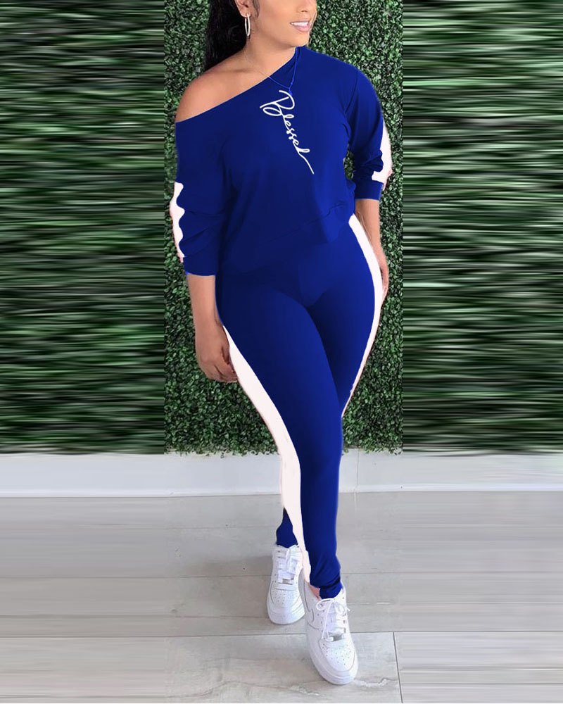 

Letter Print Patchwork Long Sleeve Top & Pants Set, Blue