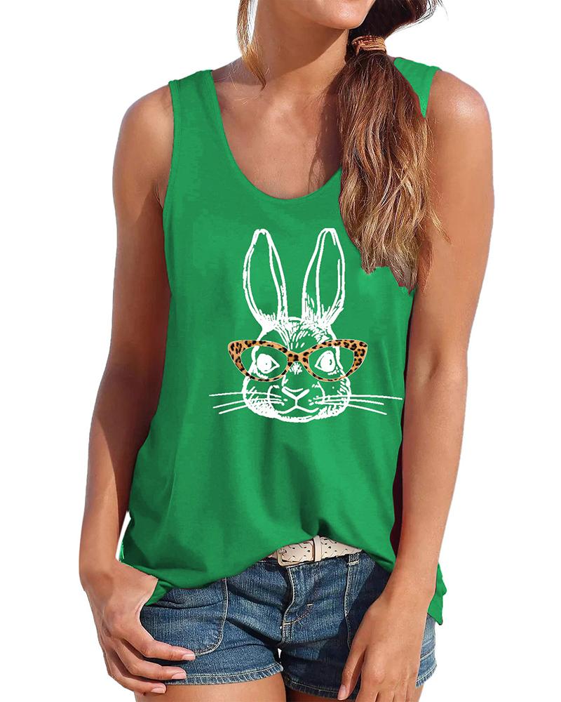 

Easter Bunny Rabbit Print Graphic Tee Casual Tank Top, Green