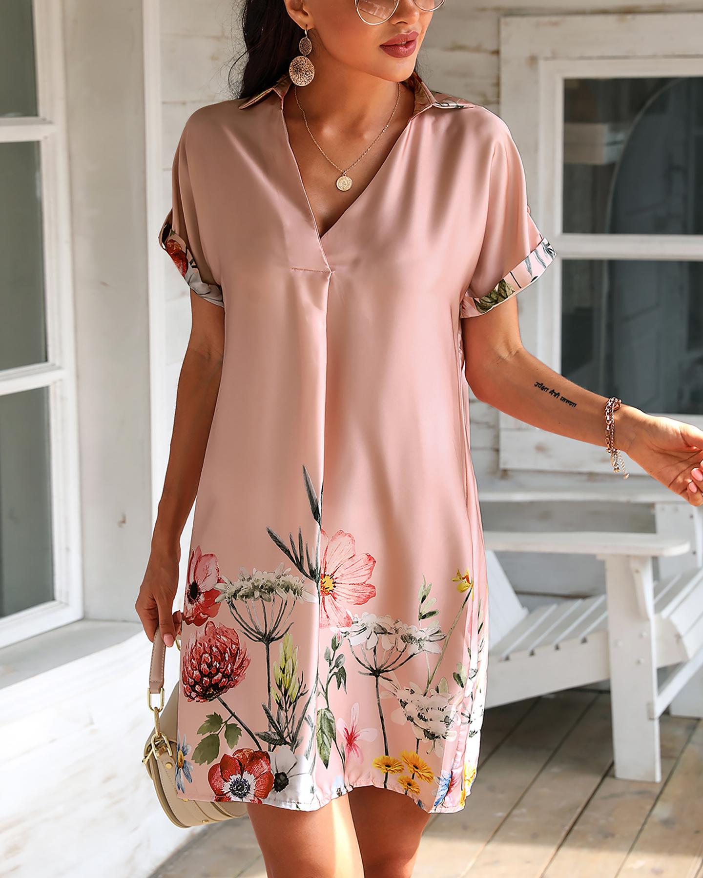 

Floral Print Short Sleeve Satin Dress, Pink