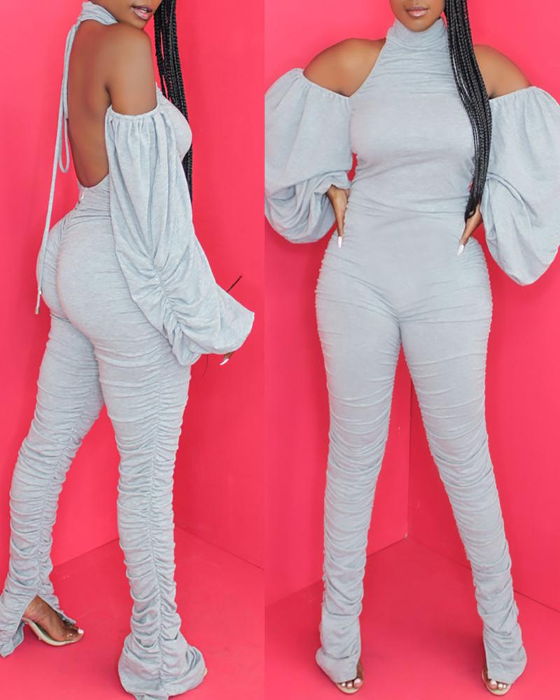 

Halter Backless Lantern Sleeve Ruched Jumpsuit, Gray