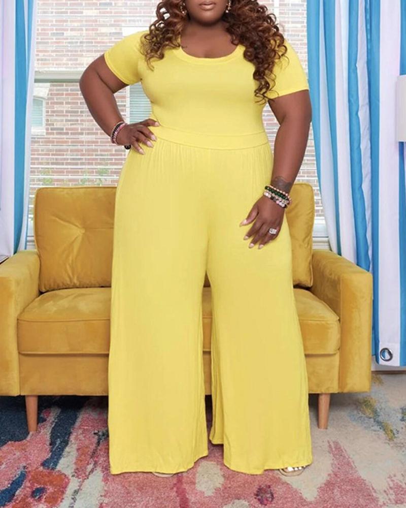 

Plus Size Short Sleeve Wide Leg Jumpsuit, Yellow