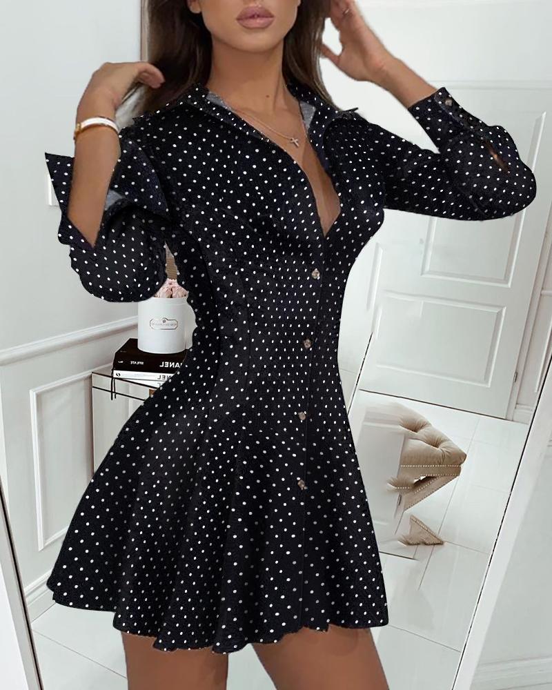 

Polkadot Print Button Front Long Sleeve Shirt Dress, Black