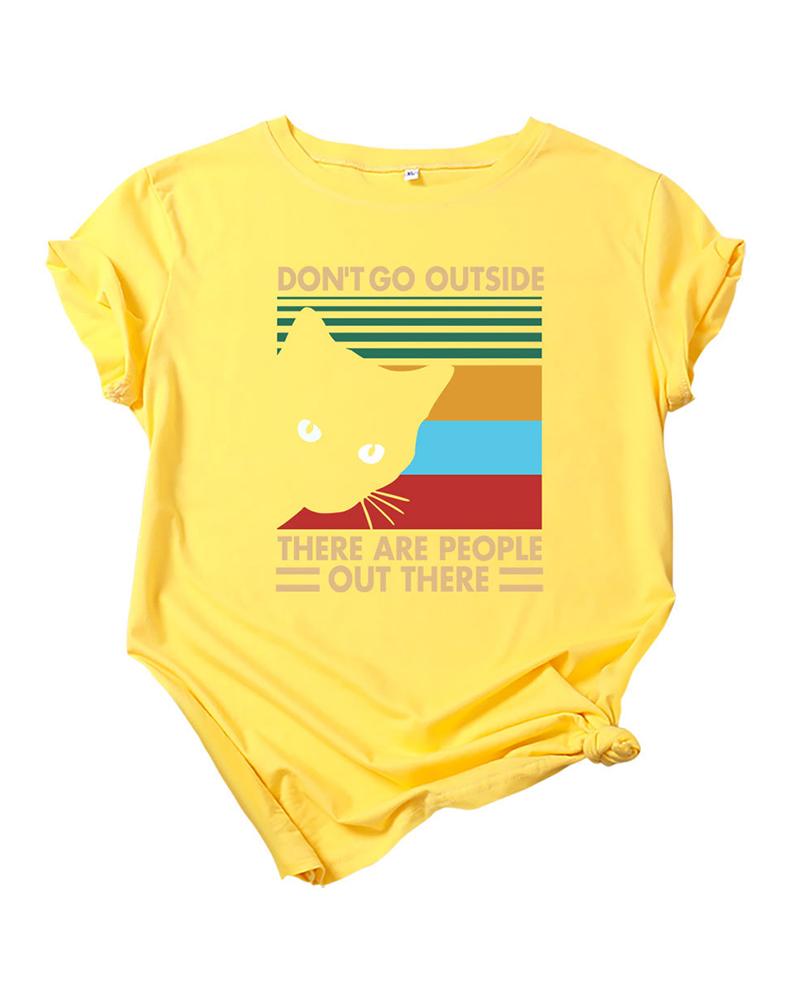 

Letter Cat Print Casual T-shirt, Yellow