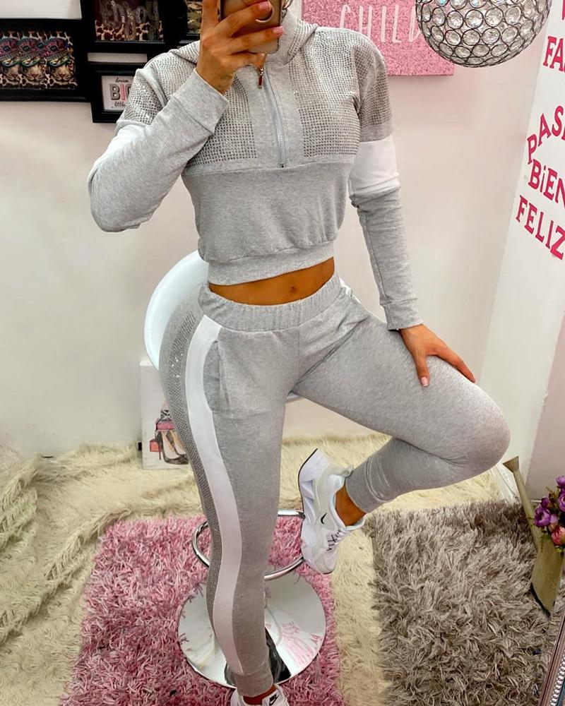 

Rhinestone Hooded Sweatshirt & Pocket Design Pants Set, Light gray
