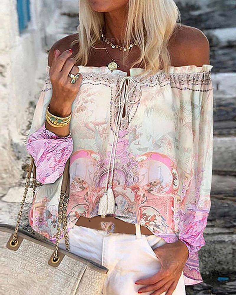 

All Over Print Lace Up Off Shoulder Frill Hem Top, Pink