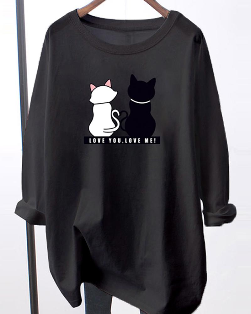 

Cat Print Long Sleeve T-shirt, Black