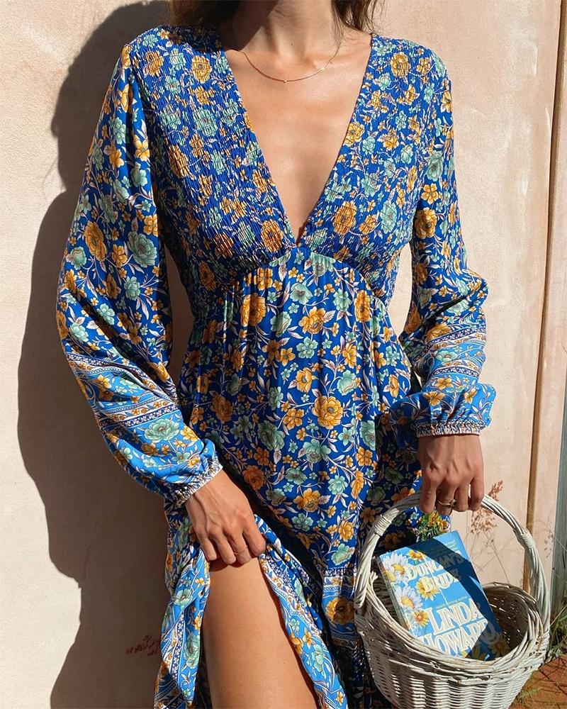 

Floral Long Sleeve Loose Boho Midi Dress, Blue