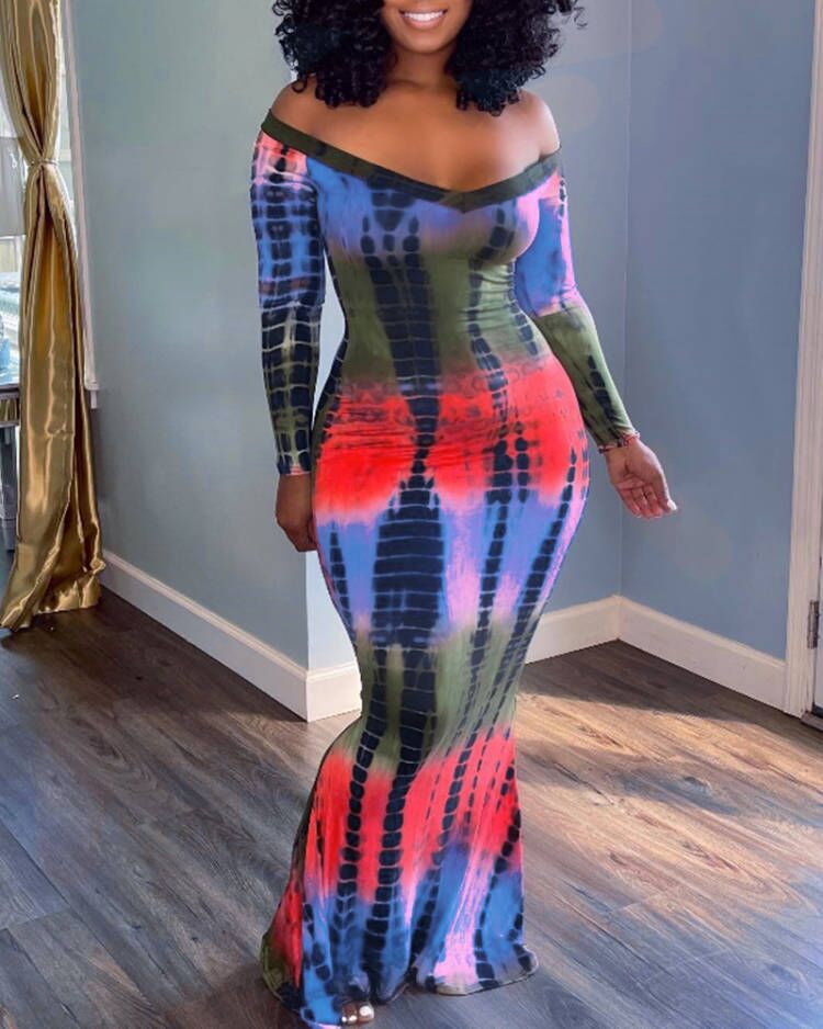 

Off Shoulder Abstract Print Mermaid Dress, Blue