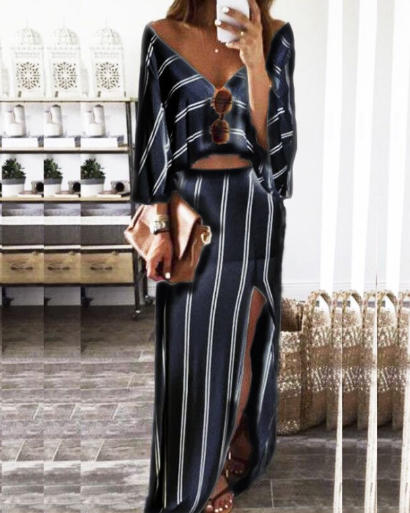 

Striped Print Batwing Sleeve Top & High Slit Maxi Skirt Set, Blue