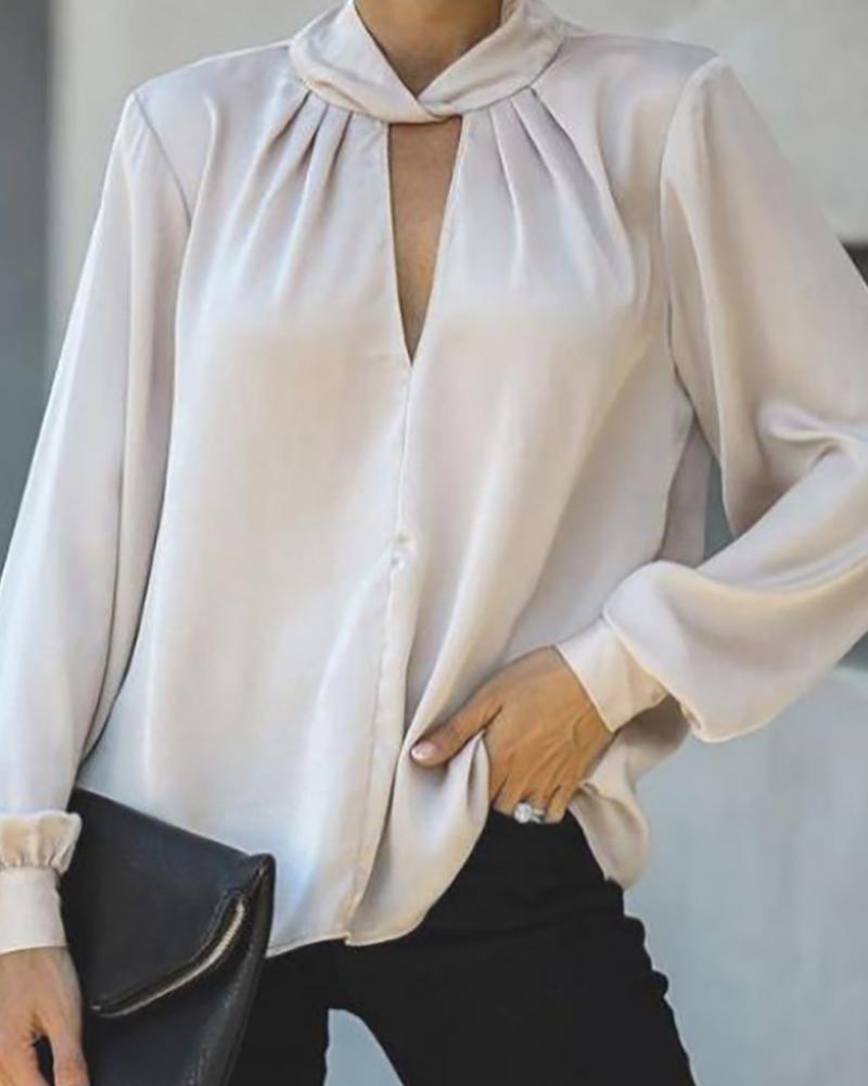 

Cutout Front Lantern Sleeve Satin Top, Beige