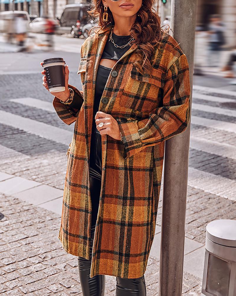 

Plaid Print Button Pocket Design Longline Shacket, Brown