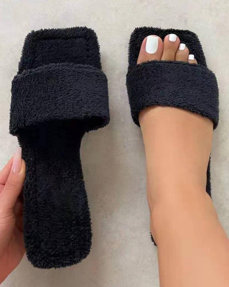 

Square Toe Fuzzy Slippers, Black