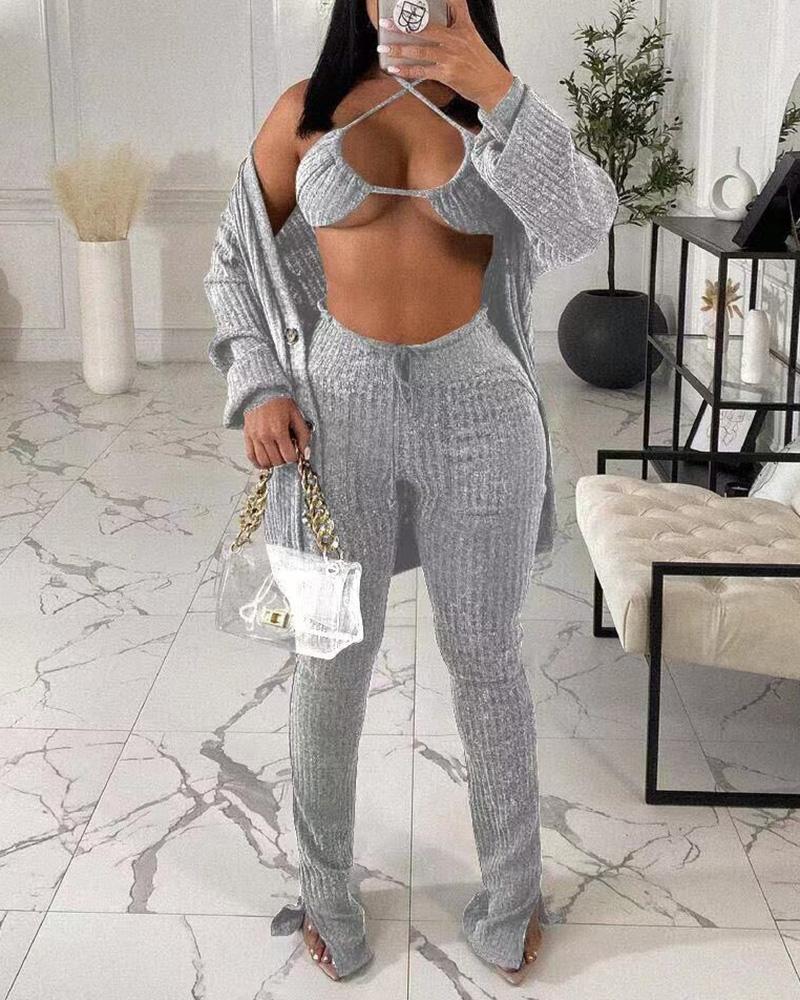 

Lantern Sleeve Buttoned Coat & Slit Pants Set With Bralette, Gray