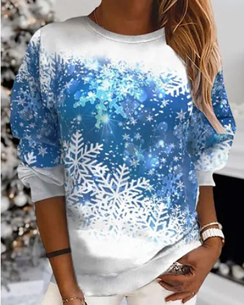 

Christmas Snowflake Print Long Sleeve Casual Top, Blue