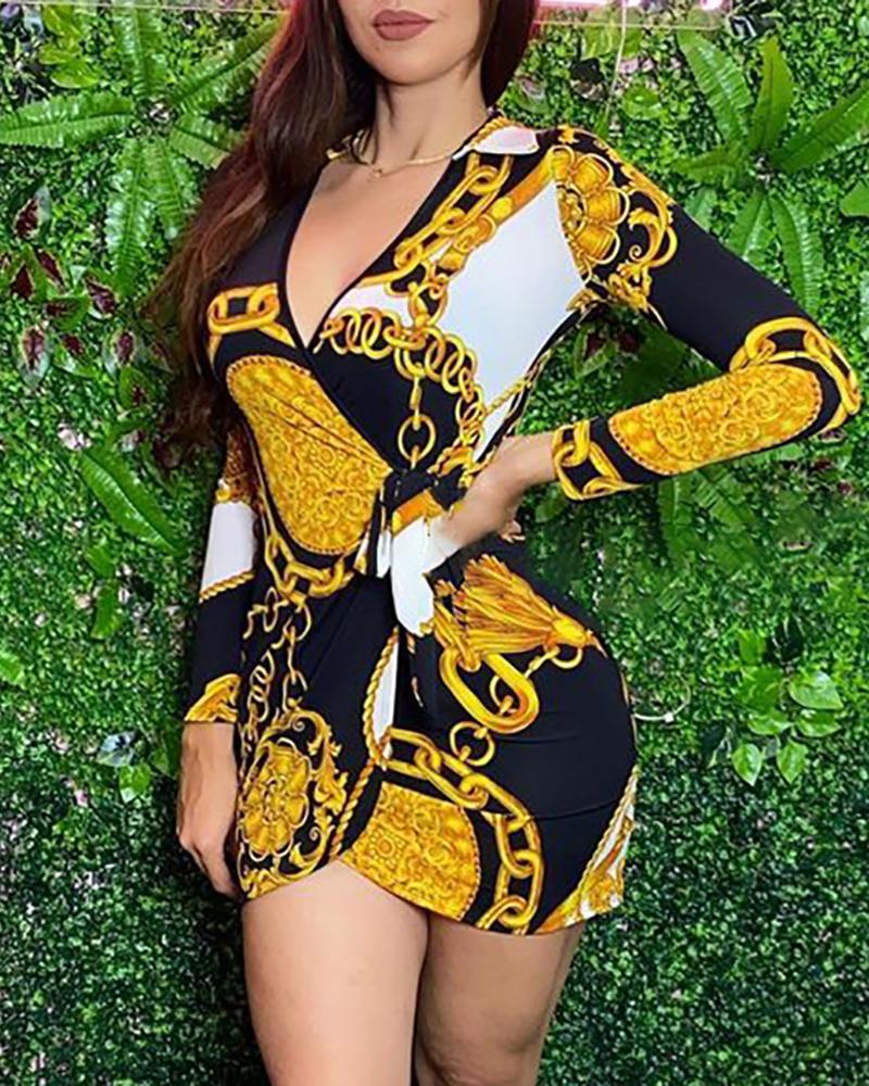 

Baroque Chain Print V Neck Long Sleeve Bodycon Dress, Yellow