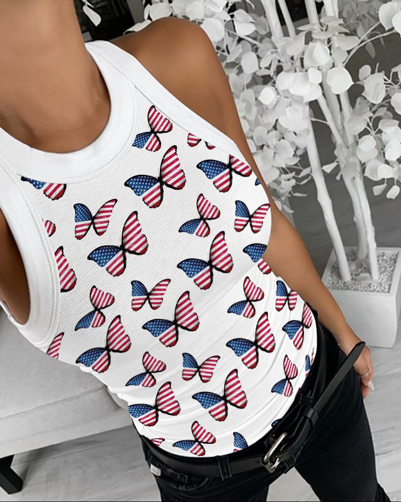 

Butterfly Flag Print Casual Tank Top, White