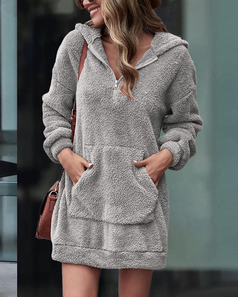 

Long Sleeve Pocket Detail Zip Front Fluffy Hoodie, Gray