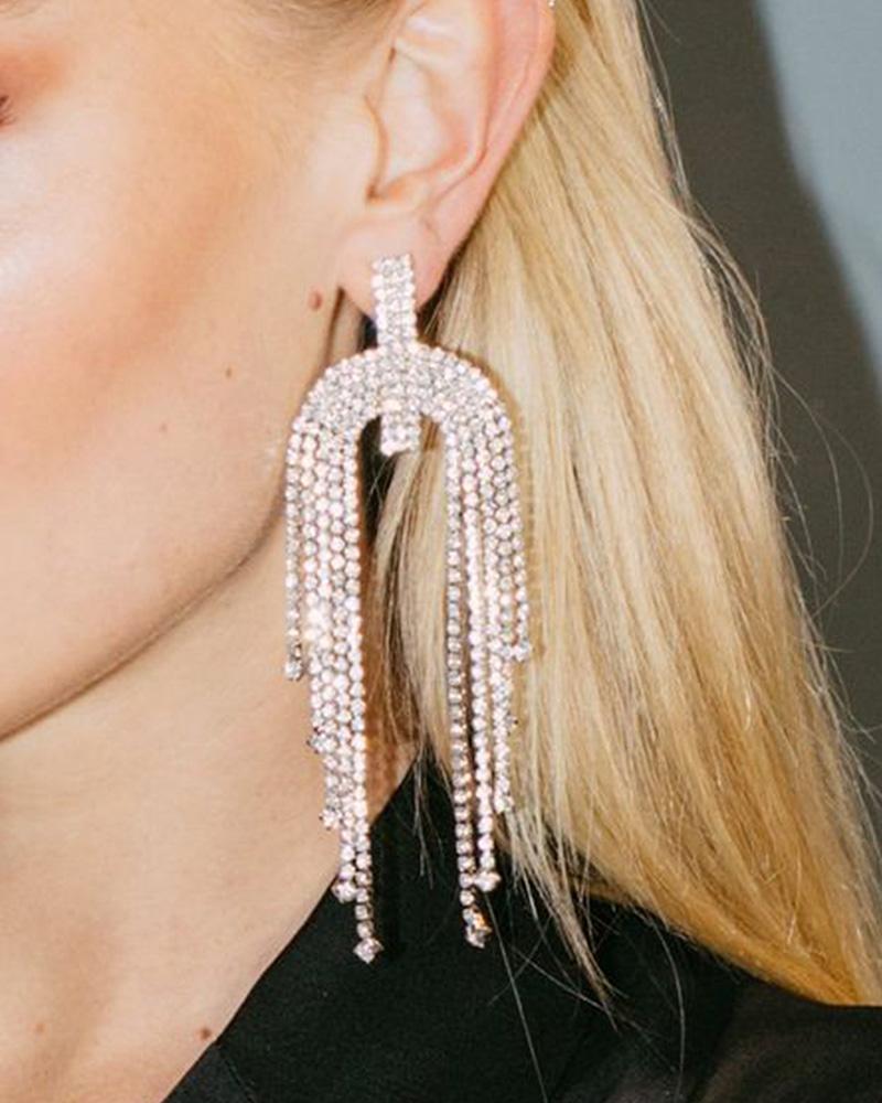 

1Pair Asymmetrical Tassel Design Rhinestone Drop Earrings, Gold