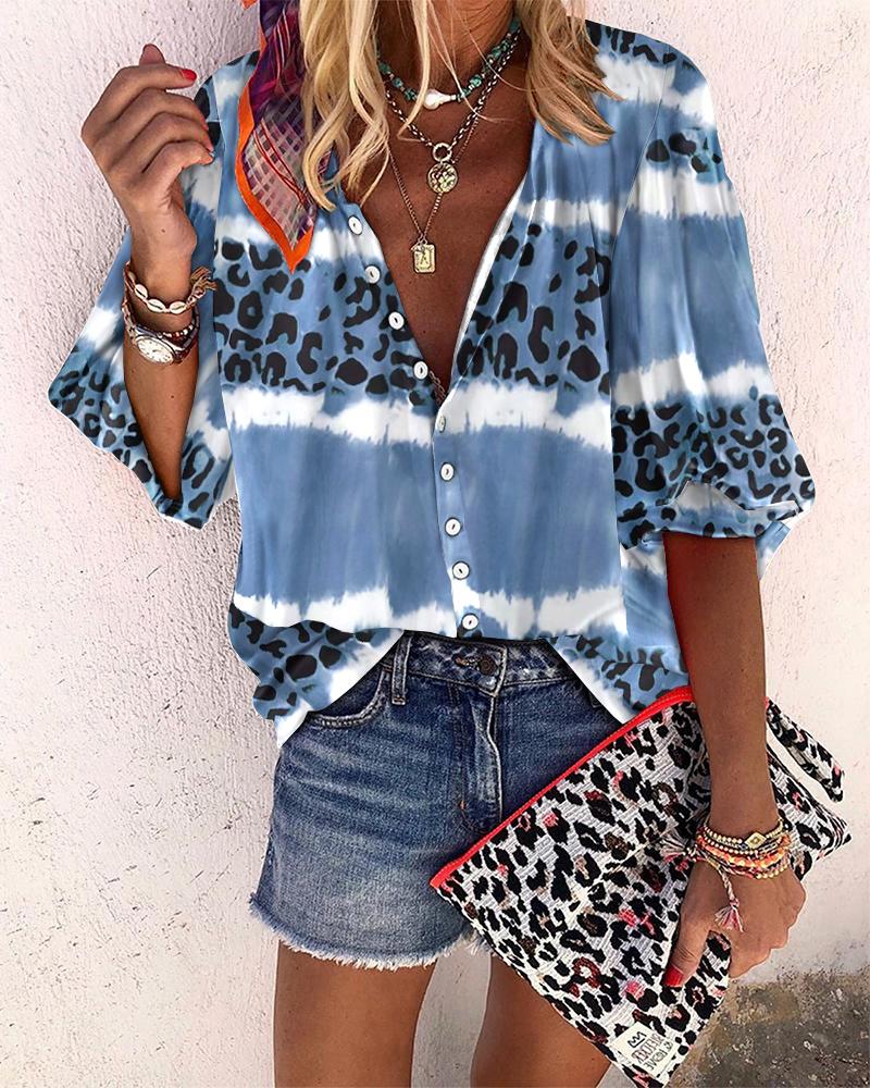 

Tie Dye Leopard Print Button Design Top, Blue