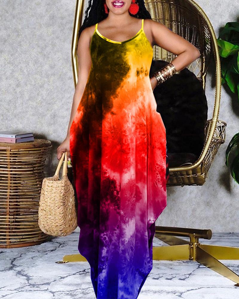

Tie Dye Strap Slit Long Dress, Red