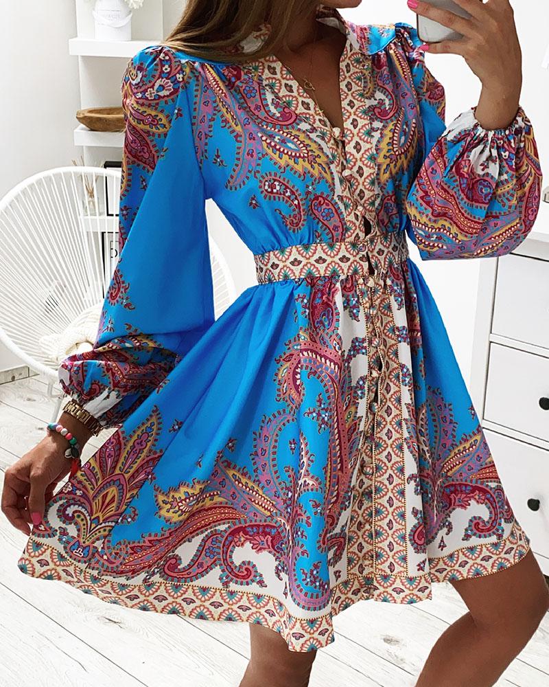 

Puff Lantern Sleeve Paisley Print Buttoned Dress, Blue