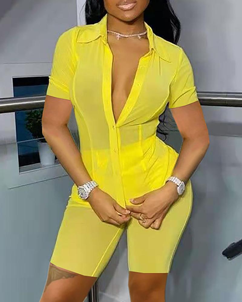 

Plain Pocket Design Sheer Mesh Top & Shorts Sets, Yellow