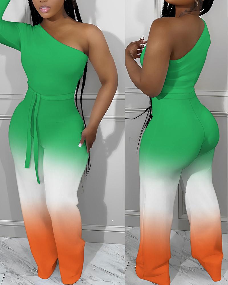 

Ombre Print One Shoulder Jumpsuit, Green