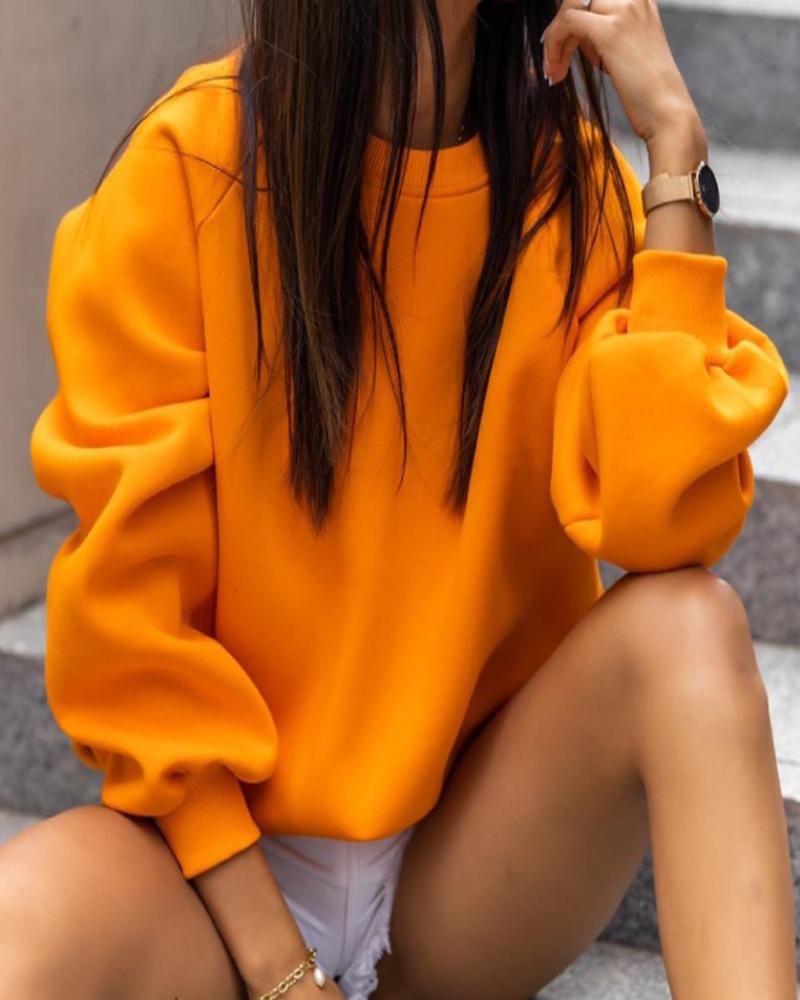 

O Neck Lantern Sleeve Casual Hooded Top, Orange