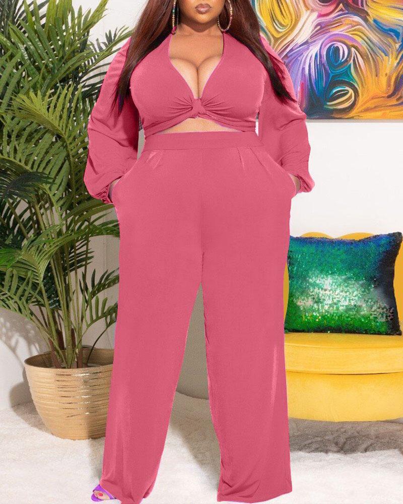 

Plus Size Tied Detail Lantern Sleeve Crop Top & Pants Set, Red