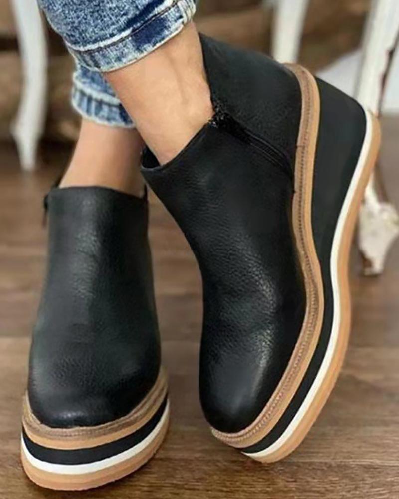 

Side Zip Contrast Paneled Wedge Shoes, Black