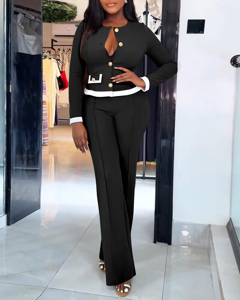 

2 Pieces Outfit Contrast Paneled Single Breasted Flap Detail Crop Top and Elastic Waist Seam Front High Waist Pants Set Casual Commuting Set, Black