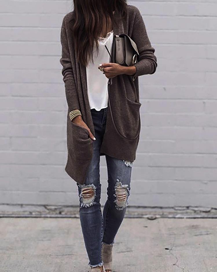 

Fashion Solid Pocket Cardigans Coat, Brown