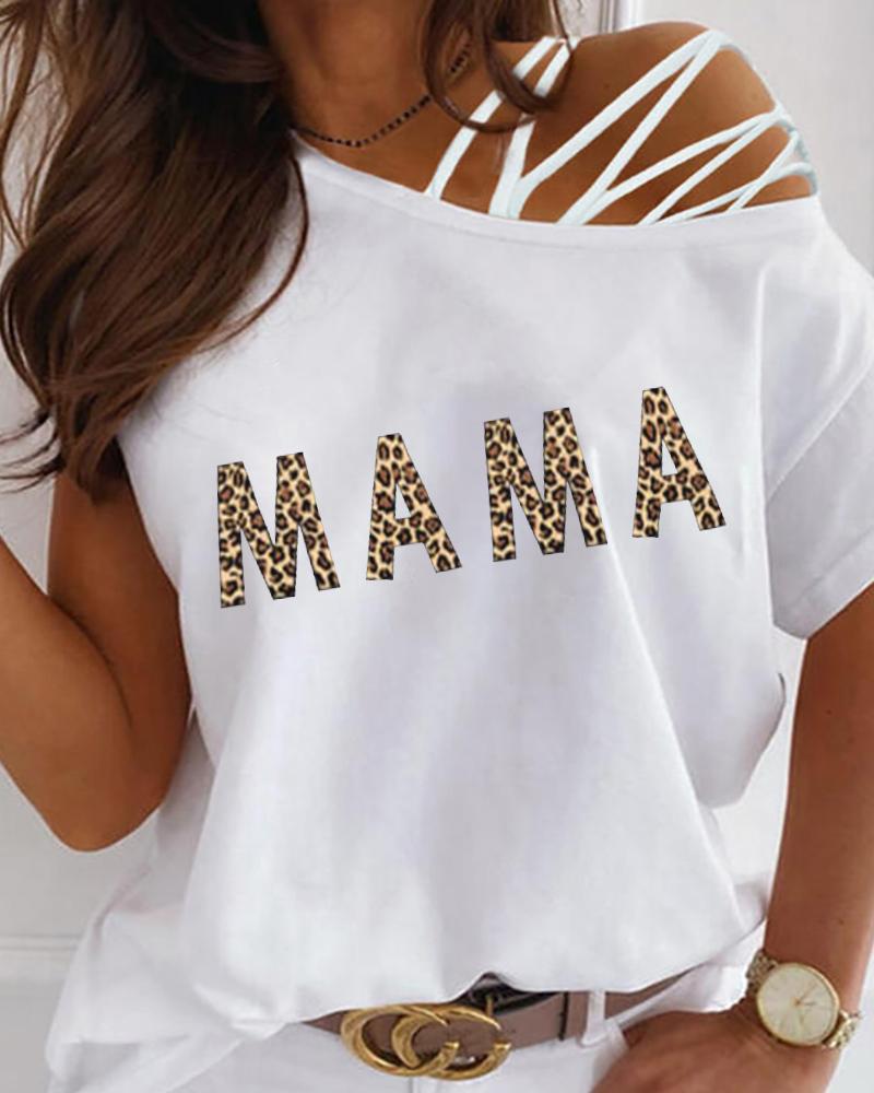 

Mother' Day One Shoulder Letter Cheetah Print Lace-up Top, White