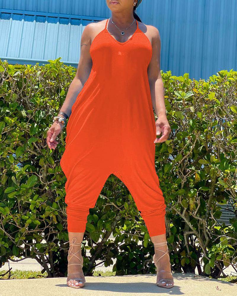 

V-Neck Sleeveless Casual Harem Jumpsuit, Orange