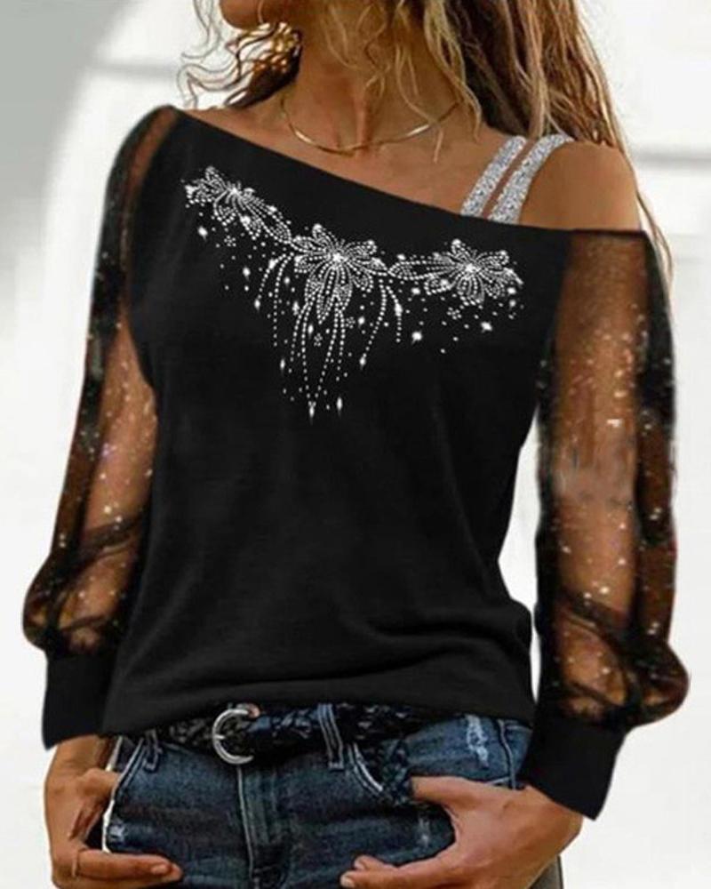 

Rhinestone Contrast Mesh Cold Shoulder Top, Black