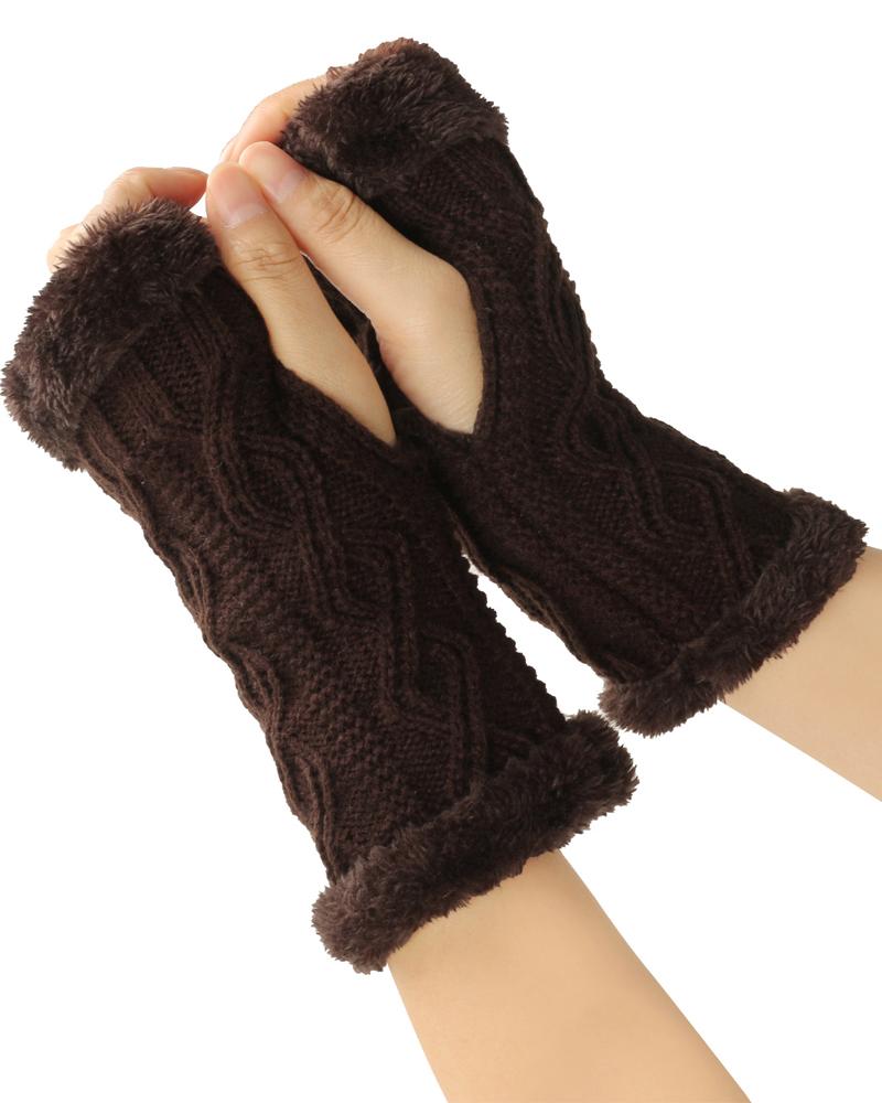 

1Pair Warm Fleece Lined Knit Fingerless Gloves, Coffee