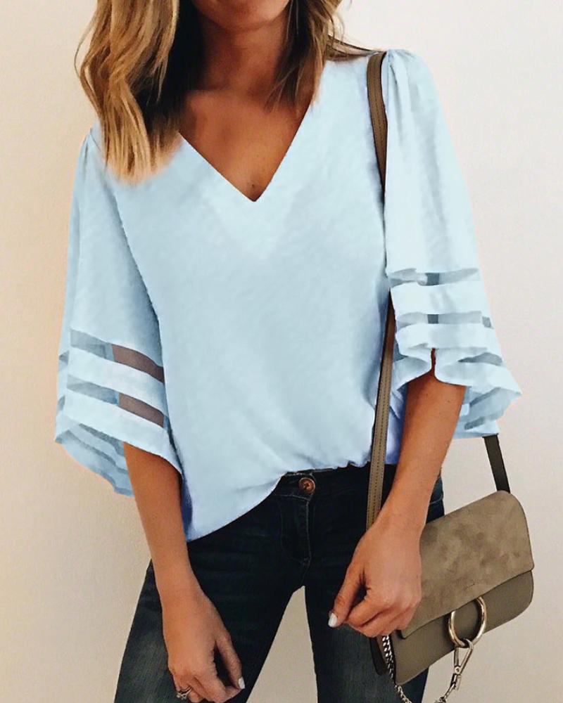 

V-Neck Mesh Striped Insert Casual Blouse, Light blue