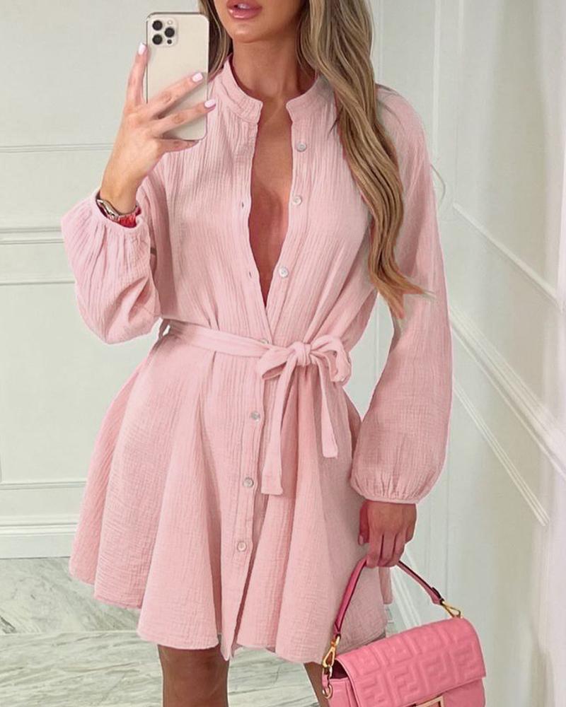 

Buttoned Tied Detail Lantern Sleeve Casual Dress, Pink
