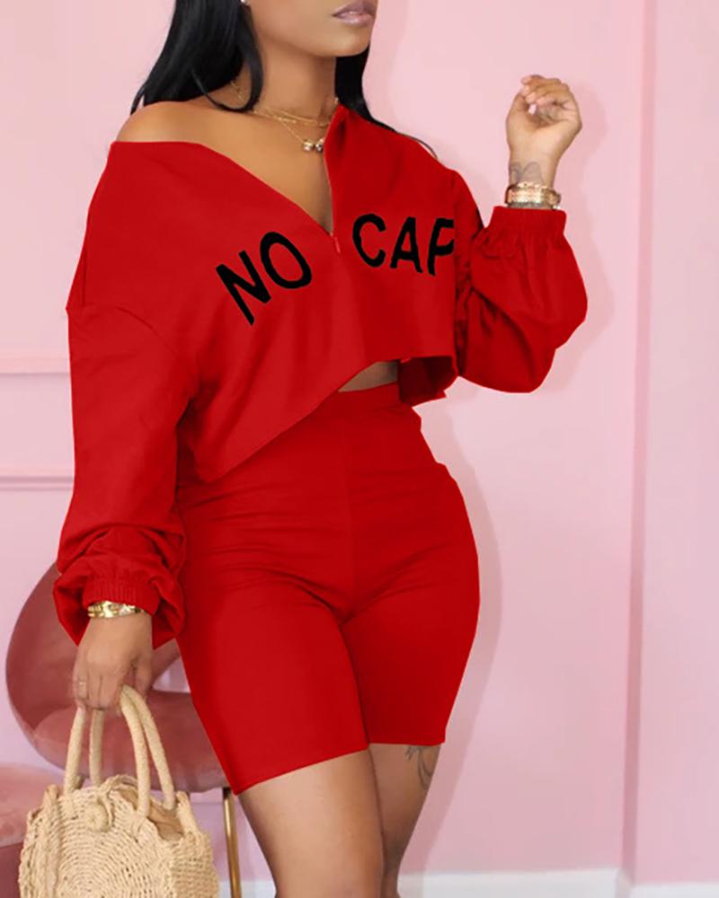 

Letter Print Long Sleeve Crop Top & Shorts Set, Red