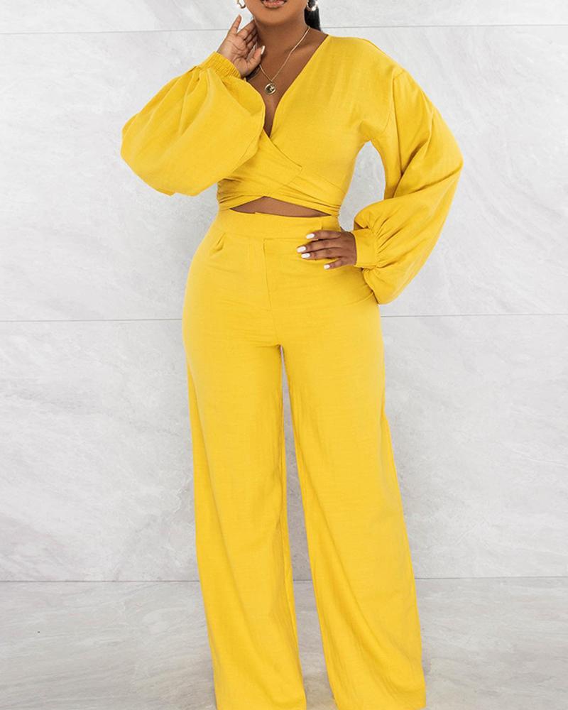 

Lantern Sleeve Tied Detail Top & Wide Leg Pants Set, Yellow