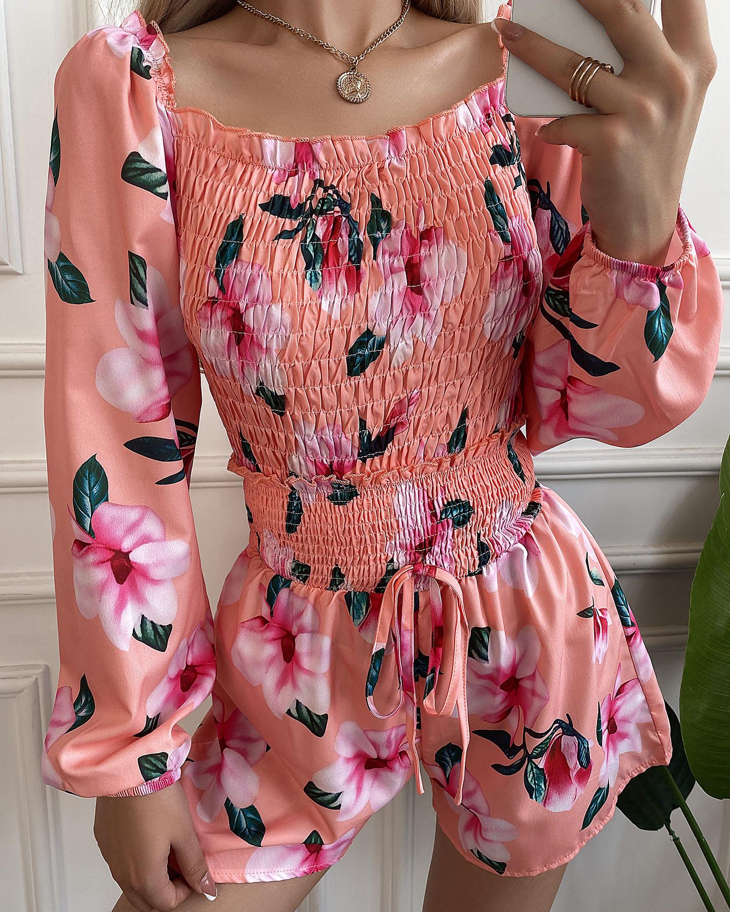 

Floral Print Shirred Lantern Sleeve Top & Shorts Set, Pink